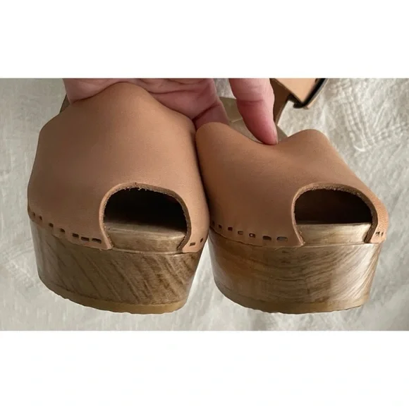 No. 6 Tan Leather Mules with Wooden Platform, Size 39 - Picture 6 of 15
